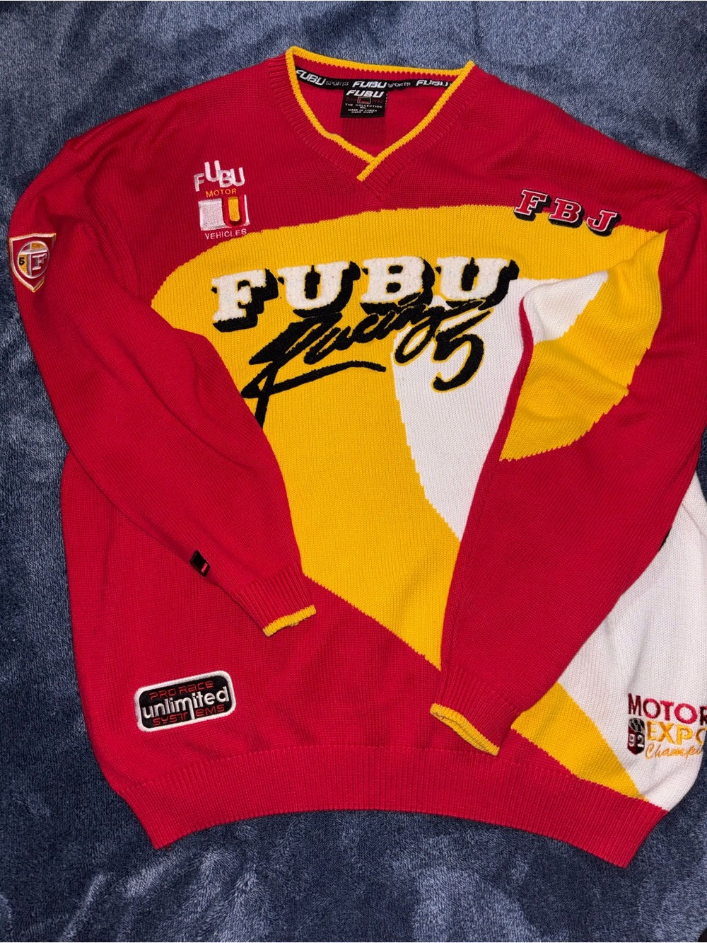 FUBU Red, Yellow & White Racing Logo V-Neck Sweater